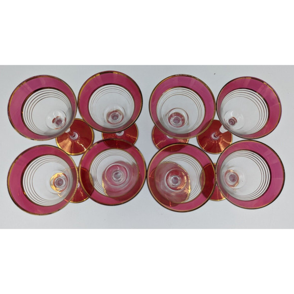 West Virginia Glass Ruby Red Gold Martini Cocktail Pitcher and 8 Cordial Glasses - Picture 5 of 16